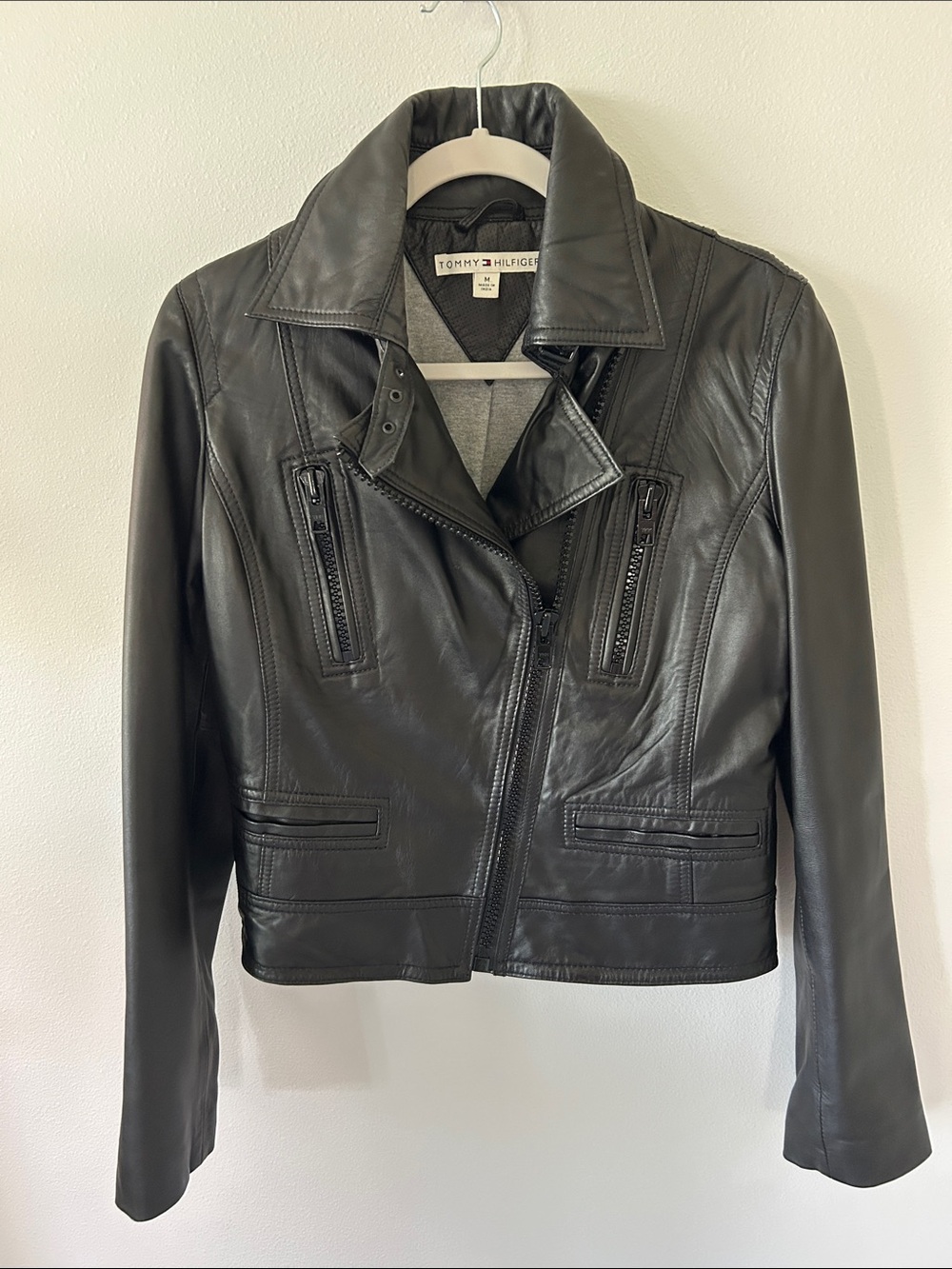 Tommy Hilfiger Black Leather Moto Jacket with Asymmetrical Zipper Women’s size M